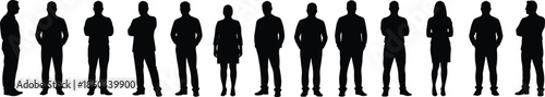 Silhouette illustration, people standing in row, male and female figures, neutral posture, black vector art, character design, gesture reference, diversity concept, human outline