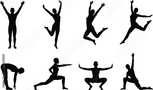 Active Human Silhouette Fitness Poses Set Featuring Jumping Stretching Yoga and Exercise Movements Black Vector Illustration Isolated on White Background