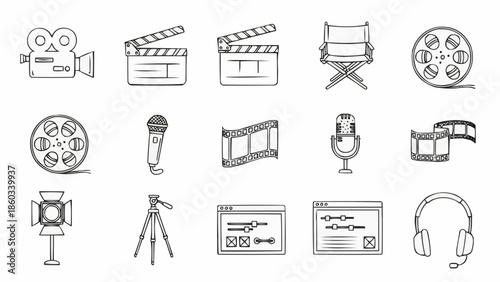 Collection of hand drawn film and cinema icons and symbols.