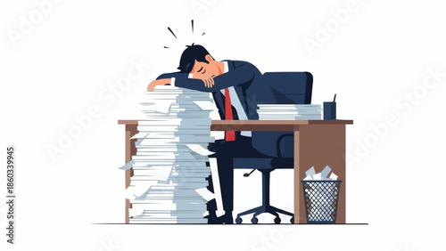 Overwhelmed Businessman at Desk with Stack of Papers.