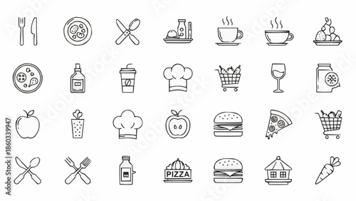 Collection of Hand Drawn Food and Drink Icons for Restaurant Menus.