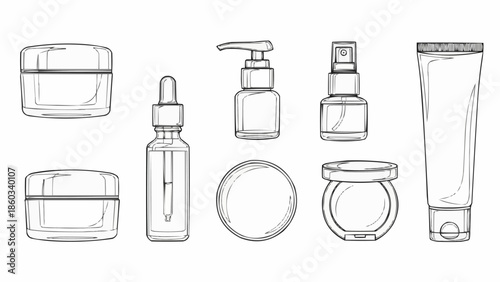 Collection of cosmetic bottles and jars hand-drawn sketch.