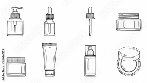 Collection of cosmetic bottles and jars hand-drawn sketch.
