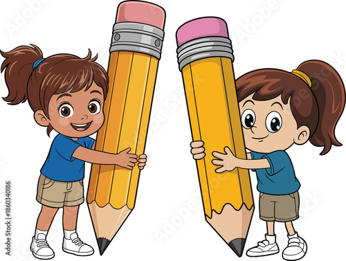 Cute girl holding giant pencil illustration, back to school concept, education creativity theme, happy child cartoon character artwork
