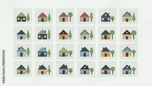 Collection of diverse small houses and trees in a grid pattern.
