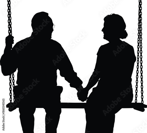 Silhouette of a romantic couple holding hands on a swing