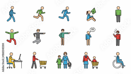 Collection of diverse stick figure people in various poses and activities.