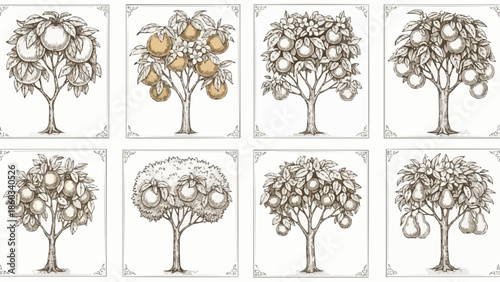 Collection of eight vintage fruit trees with detailed illustrations.