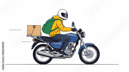 Delivery person riding a blue motorcycle with a green backpack and cardboard box in motion on a white background.