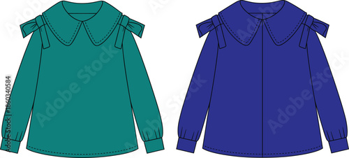 Cute women’s blouse featuring bow details on the shoulders in teal and blue, offering a stylish and trendy casual look.