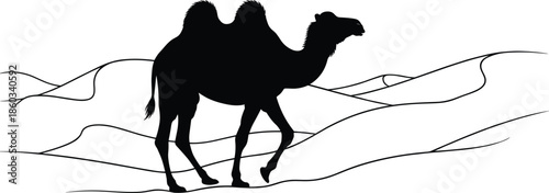 Silhouette of Bactrian camel walking across desert dunes, black and white wildlife illustration, nature travel concept, exotic animal design, dry landscape artwork for stock use