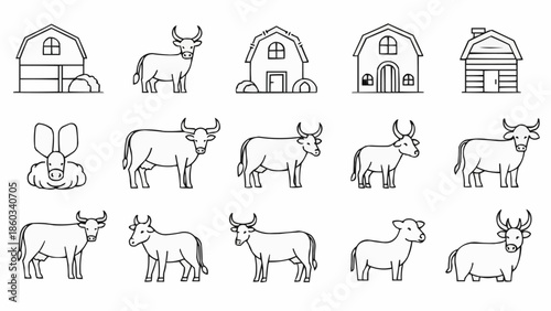 Collection of Farm Animals and Barns Line Art Icons.