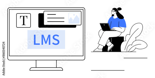 Learning management system. A student using a laptop next to a detailed LMS computer interface. The learning management system streamlines digital learning platforms in education, training