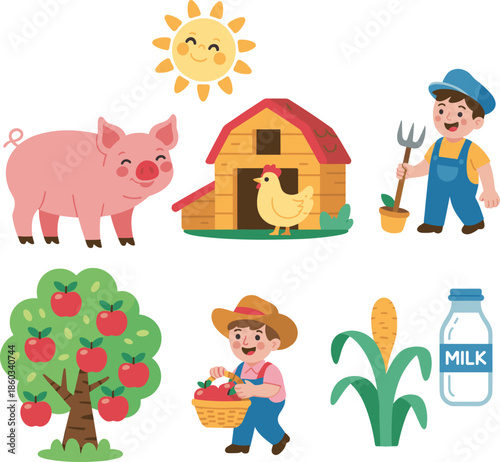 Farm life cartoon elements vector illustration with farmer animals barn crops milk and rural agriculture icons isolated background