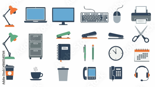 Office Supplies and Equipment Vector Illustration Set for Business.