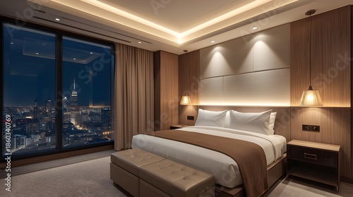 Luxury hotel room interior featuring a comfortable double bed with pillows, elegant furniture, and a sofa by the window in a modern apartment architecture design
