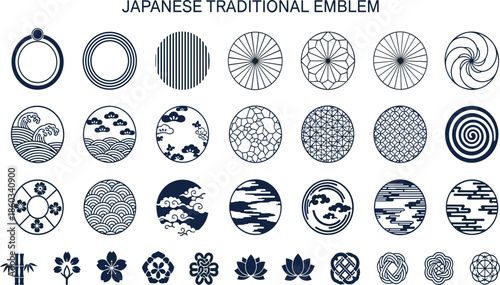 Japanese traditional emblem collection featuring blue circular kamon symbols floral geometric wave patterns isolated on white background
