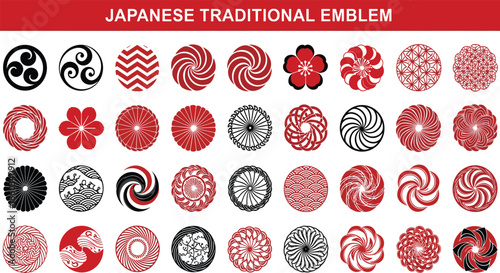 Japanese traditional emblem collection with red and black kamon symbols featuring floral geometric circular patterns isolated on white background