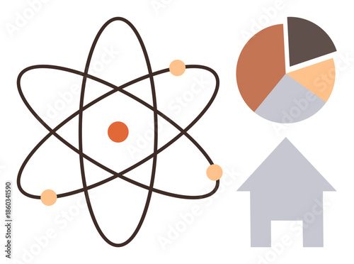 Atomic structure with electrons, pie chart in three segments, and house symbol. Ideal for education, research, science, data analysis, energy housing and infographics. A simple flat metaphor