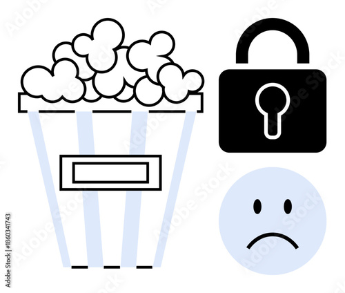 Restriction concept. Popcorn, padlock, and sad face restricted access to entertainment. Restriction in streaming, digital rights, and content usage. For media, privacy emotion