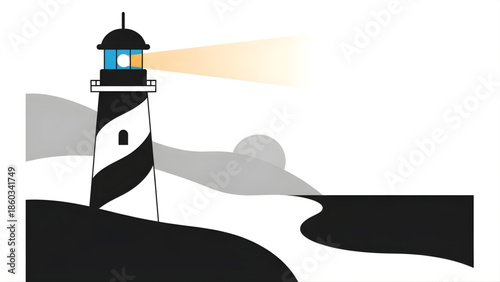 Stylized Lighthouse with Beam of Light Keywords: lighthouse, beacon, light, beam, sea, coast