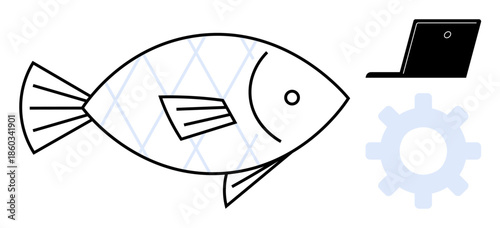 Cybersecurity, phishing awareness, online threats, fraud prevention, digital security, tech education. Graphic of a fish, laptop and gear icon. Cybersecurity and phishing awareness concept