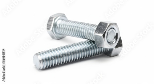 Two shiny metal hex head bolts on a white background