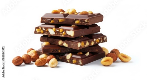 Stack of dark chocolate bars with mixed nuts on white background