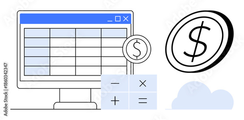 Financial management, budgeting, accounting, data analysis, business tools, digital economy. Image features a computer screen with a spreadsheet, a dollar coin symbol, and calculator buttons