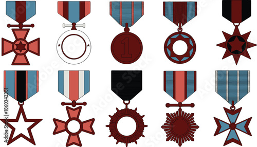 Military medals and awards collection vector illustration, army decorations ribbons and honors flat design isolated white background