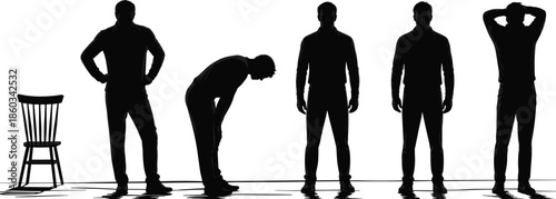 Male silhouette poses with chair standing bending thinking black and white vector illustration set for anatomy posture reference design