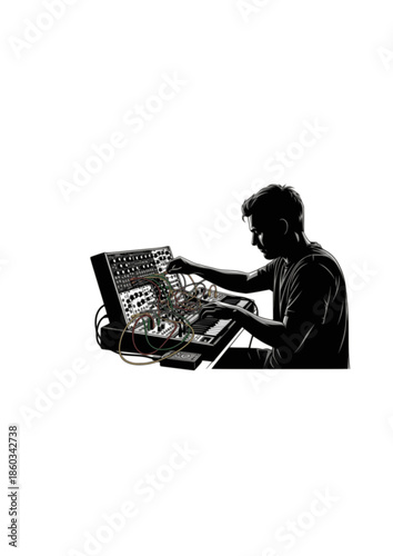 Electronic Music Producer Silhouette Using Modular Synth for Creative Sound Design and Modern Audio Technology Hobby Concept Vector