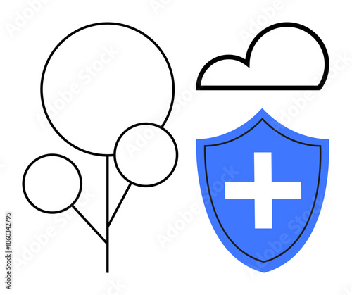 Environmental health, protection, safety, healthcare, sustainability, nature. Minimal ion of a tree, cloud and shield with a cross. Environmental health and protection concept