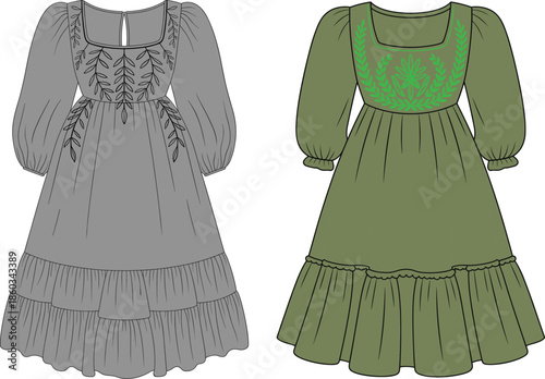 Women summer dresses collection, flat vector illustration of casual fashionable frocks with embroidery details isolated white background