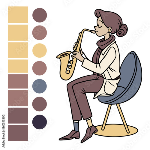 Woman plays saxophone seated in modern chair