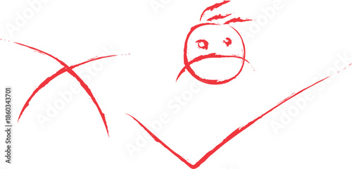 A simple red doodle of a character with arms outstretched and a smiling face on transparent background