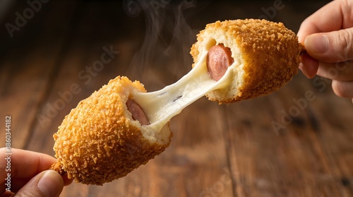 Delicious Korean Corn Dog with Stretched Mozzarella Cheese and sausage, a Golden Fried Snack