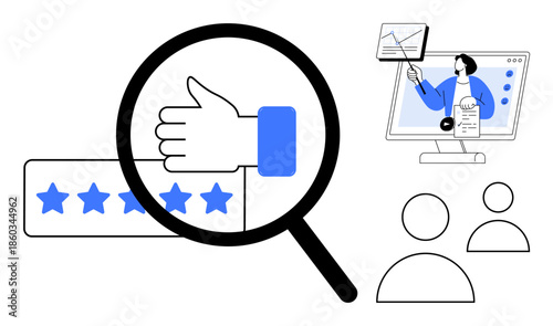 Customer feedback concept. Customer feedback highlighted through star ratings, thumbs-up, and virtual engagement. Customer feedback boosts credibility and user experiences. Ideal for marketing