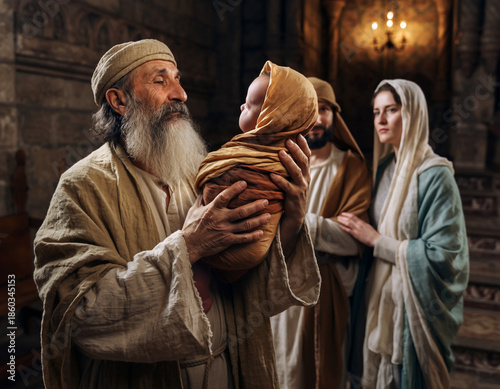 The Elder Simeon holds the Infant Jesus in his arms. Mary and Joseph stand nearby. Feast of the Presentation of the Lord.
