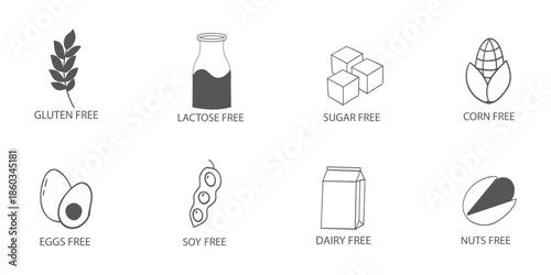 Set allergen free ingredients. Gluten free products warning symbols. Lactose, gluten, sugar, corn, egg, trans fat, soy, nut icon, dietary food badge. Minimal line organic design. Sign or stamp.