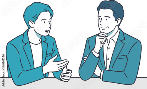 相談しながら話し合う男性二人のイラスト_ビジネス・対話・コミュニケーション