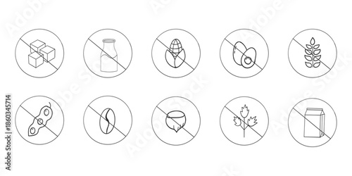 Set allergen free ingredients. Gluten free products warning symbols. Lactose, gluten, sugar, corn, egg, trans fat, soy, nut icon, dietary food badge. Minimal line organic design. Sign or stamp.