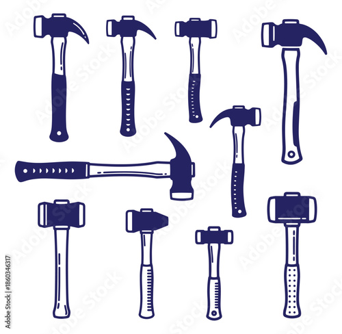 Collection of hand drawn hammers in various styles ready for construction and repair projects