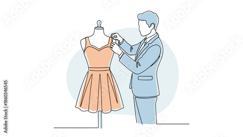 Fashion designer adjusting dress on mannequin single line art illustration.