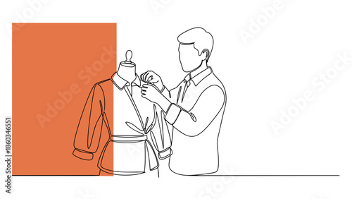 Fashion Designer at Work Continuous Line Drawing of Tailoring Process.