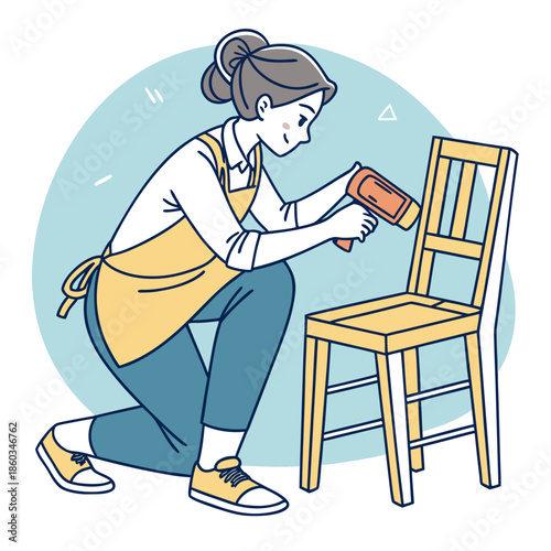 Woman repairing a wooden chair with a tool