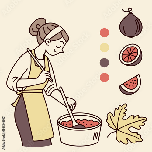 Woman stirring a pot with fruit illustrations and leaf