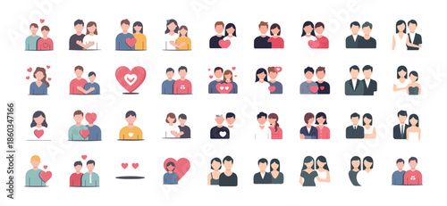 Big set of minimalist love and couple icons, diverse romantic relationship symbols with hearts and wedding rings, inclusive LGBTQ+ and heterosexual collection for Valentine's Day.