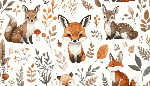Watercolor Woodland Animal Pattern with Foxes, Deer, Rabbits, and Botanical Elements