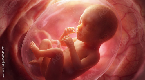 24-week human fetus in utero with intact amniotic membranes, umbilical cord connecting to placental site, lanugo coverage on extremities, and vascularized myometrium under transmaternal illumination